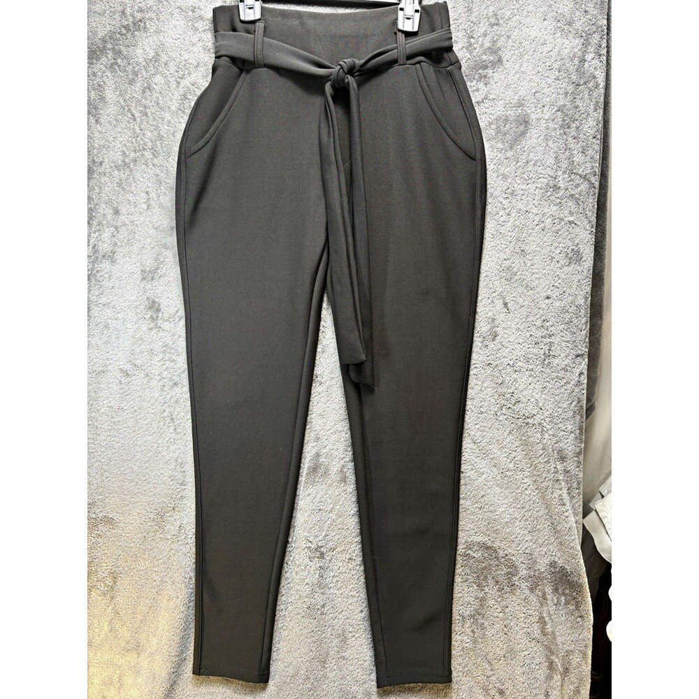 INDERO Black Knit Dress Pants Womens S Slim Fit Tapered Stretch Pockets Tie